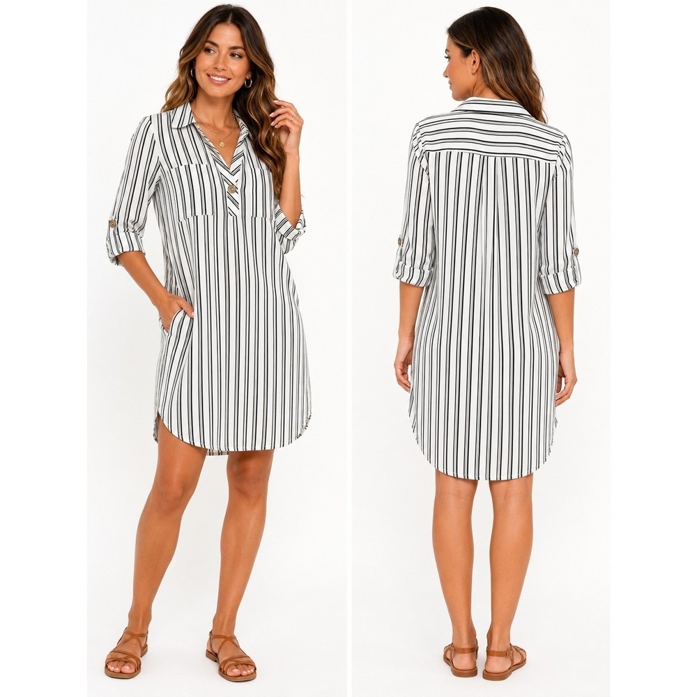 Mia Gabrielle Black White Striped 3/4 Sleeve Shirt Dress Womens‎ Small Stretch